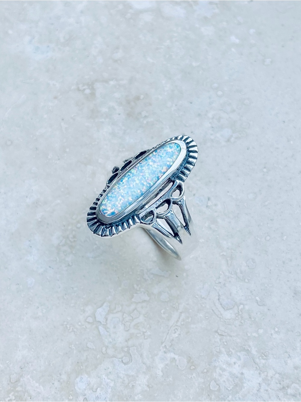 😍TOP SELLER😍 925 Silver Etched White Lab Opal Ring, Statement Boho Silver Rings - Picture 10 of 11